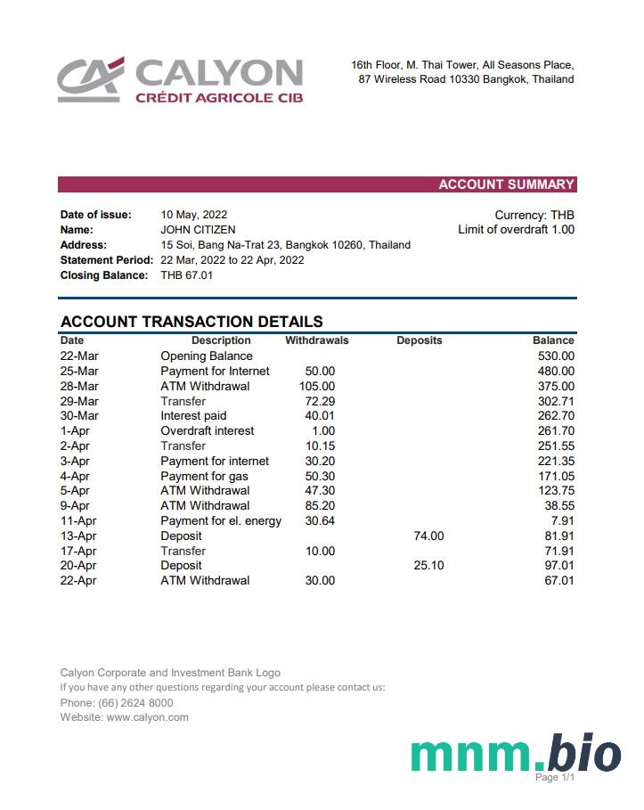 Wyciąg bankowy z Tajlandii w Bangkoku, szablon Excel i PDF